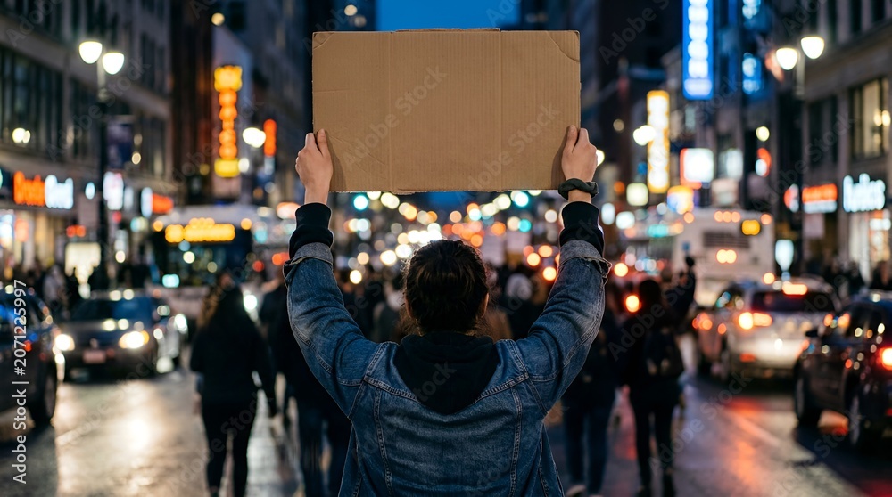 Fototapeta premium Person holding blank protest sign in city street at night, crowd and traffic blurred