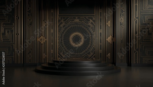 Luxury dark podium with geometric gold patterns and stage lighting.