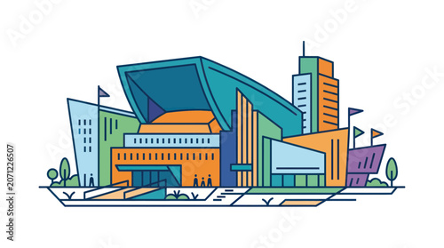Canvas Print Modern Stadium Building Complex, Urban Architecture, Colorful Flat Design
