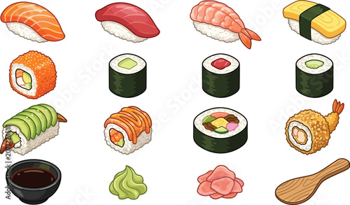 Foto Sushi and Japanese food collection with nigiri rolls soy sauce and traditional c