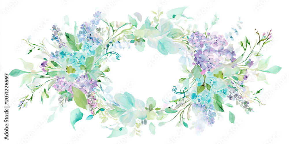 Fototapeta premium Watercolor floral wreath with purple lilac and turquoise botanical elements.