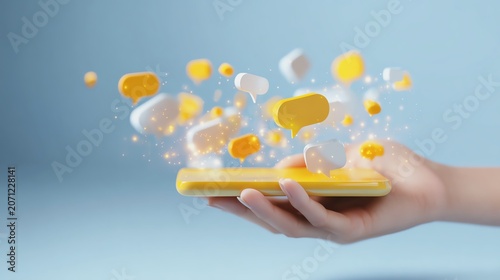 Hand holding smartphone with digital bubbles.