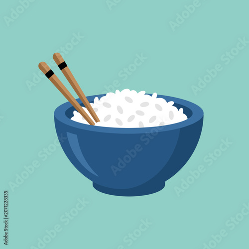 A blue bowl filled with white rice and wooden chopsticks