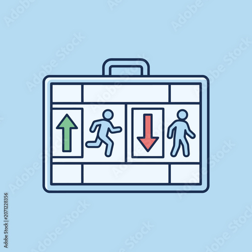 A flat vector icon showing people moving in opposite directions