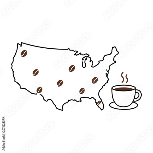Coffee Beans and Steam Cup Illustration with Minimal Line Art United States Map Concept Vector Design