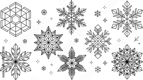 Obraz na płótnie Winter snowflake decoration and geometric ice crystal thin line icon set with di