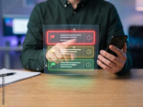 Businessman holding smartphone touching virtual task priority interface concept of project management productivity tracking deadline schedule planning and workflow organization