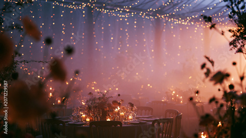 Twilight Wedding Reception with Abstract Aesthetic Gradient and Bokeh Fairy Lights