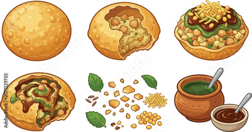 Valokuva Crispy pani puri collection with Indian street food snacks fillings chutneys and