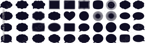 Assortment of dark blue speech bubbles and decorative shapes