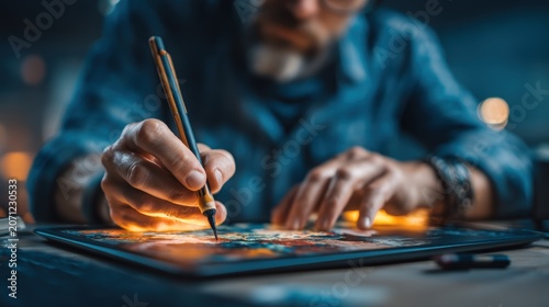 Creative artist working on digital drawing with graphic tablet and pen
