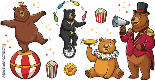 Tablou pe pânză Cute circus bear collection with juggling balancing clown acts and carnival cart