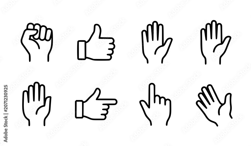 Fototapeta premium Hand Gesture Outline Vector Icon Set with Fist Thumbs Up and Open Hands
