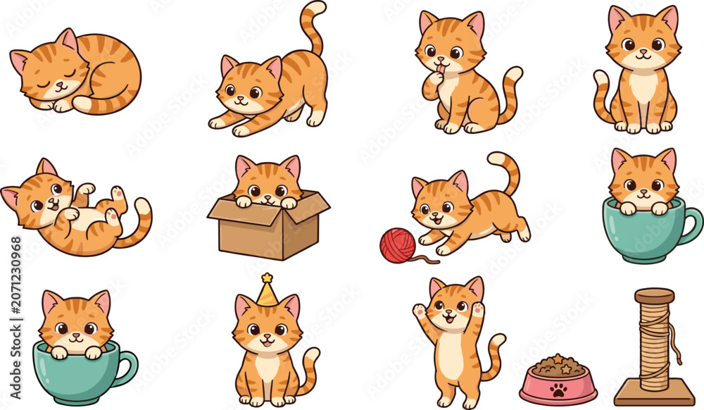 Obraz premium Cute playful kitten collection with adorable cartoon cats toys accessories and pet care vector illustration set