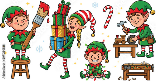 Fotografie Cute Christmas elf collection with holiday helpers gifts workshop activities and