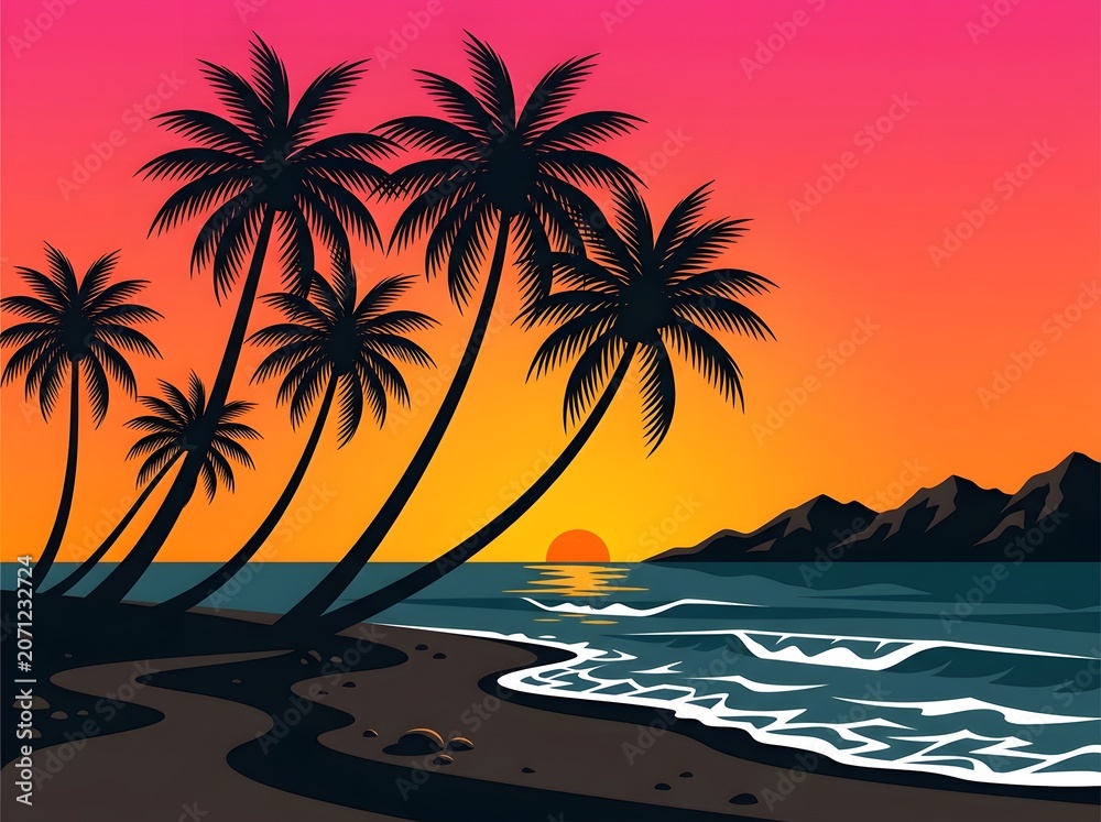 Fototapeta premium Tropical beach sunset with palm trees and mountain view
