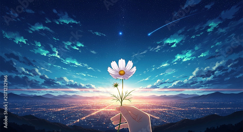 Hand holding a single white flower against a vibrant starry night sky over a city