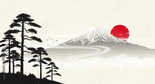 Mount Fuji Sunrise with Pine Trees and Red Sun in Japanese Style