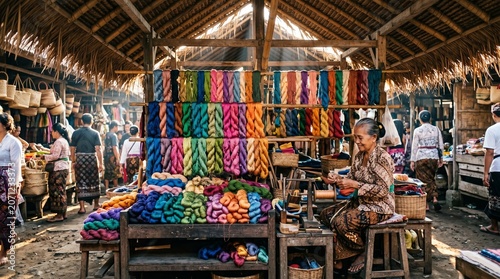 Traditional Market with Colorful Handmade Yarns and Local Crafts