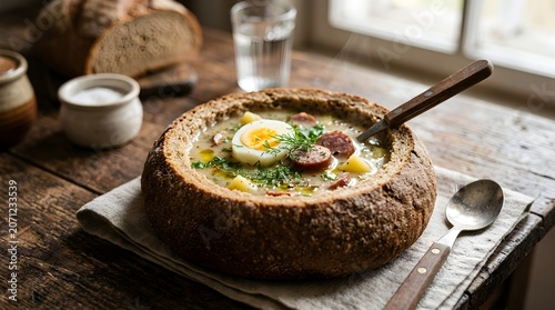 Traditional Polish Zurek Soup with Egg and Sausage Served in Bread Bowl