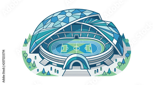 Modern Sports Stadium Arena with Futuristic Dome Roof - Vector Illustration