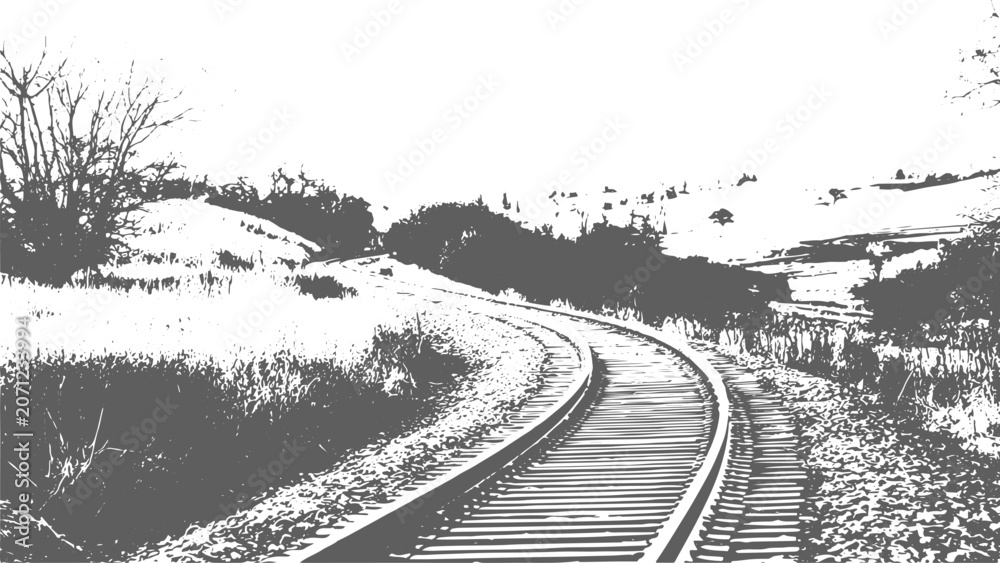 Fototapeta premium Grunge Railroad Track Scene with Heavy Fog, Weathered Texture Effects, Industrial Landscape Elements and Cinematic Vintage Atmosphere.