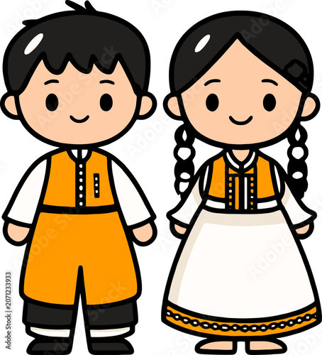 National Dress of Kazakhstan: Kawaii Boy and Girl in Yellow and Orange Cultural Attire