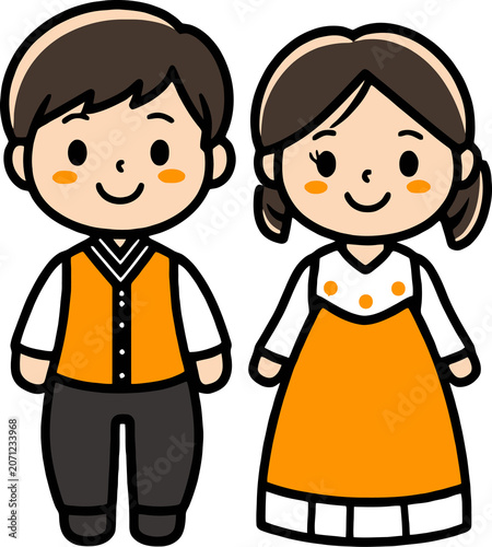 National Dress of Kazakhstan: Kawaii Boy and Girl in Yellow and Orange Cultural Attire