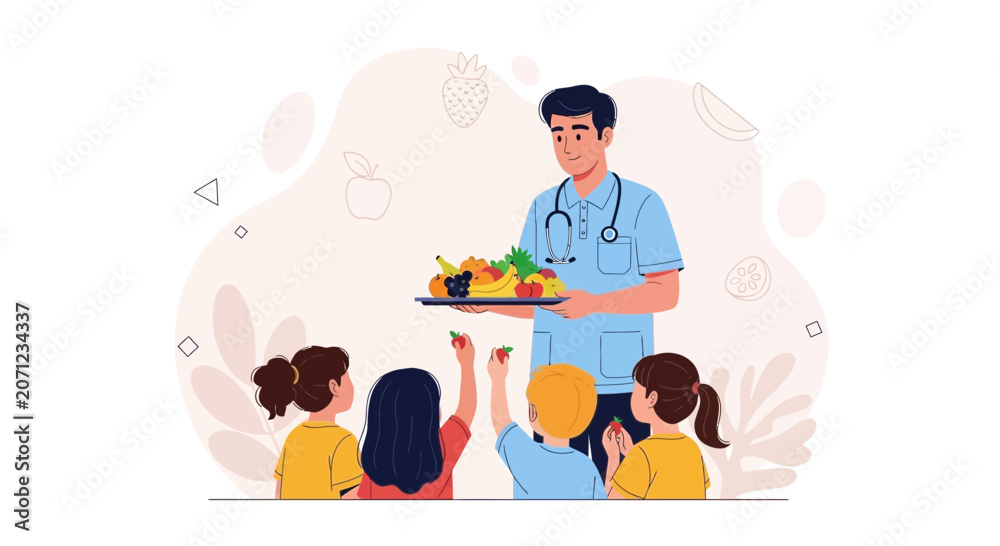 Fototapeta premium Doctor teaching children about healthy eating with a platter of fresh fruits, promoting nutrition and well-being.