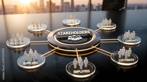 Corporate stakeholders organizational structure 3D network diagram.