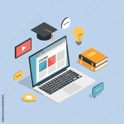 Isometric illustration of online education and e-learning concept.