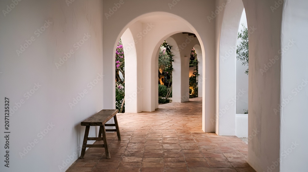 Fototapeta premium Mediterranean Archway Corridor with Wooden Bench and Lush Greenery