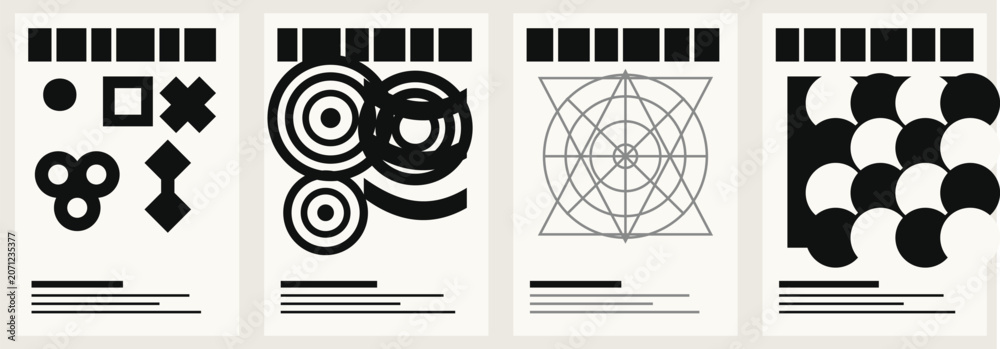 Fototapeta premium Digital abstract geometric pattern designs in black and white on rectangular cards