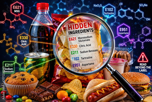 Hidden ingredient snack food additive ingredient label magnifying glass junk food soda potato chip chemical formula warning message Hidden