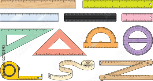 Measurement ruler collection with tape measure protractors triangles and drafting tools vector illustration set