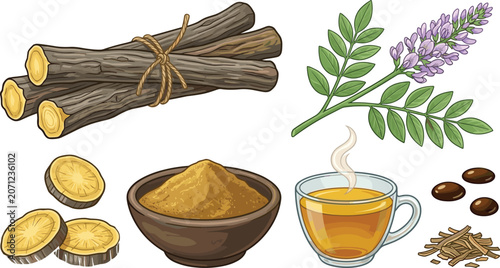 Canvas Print Licorice root collection with medicinal herb tea powder flowers and natural reme