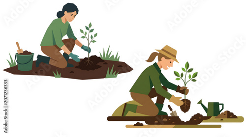 Collection of isolated female characters gardening for earth day concept 