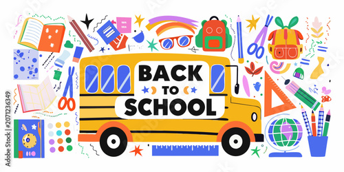 Schilderij op canvas School Supplies Vector Illustration With Yellow Bus And Educational Elements