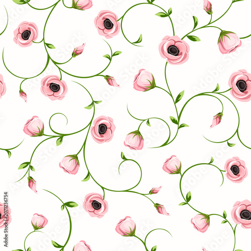 Seamless floral pattern with small pink flowers on white. Vector floral print