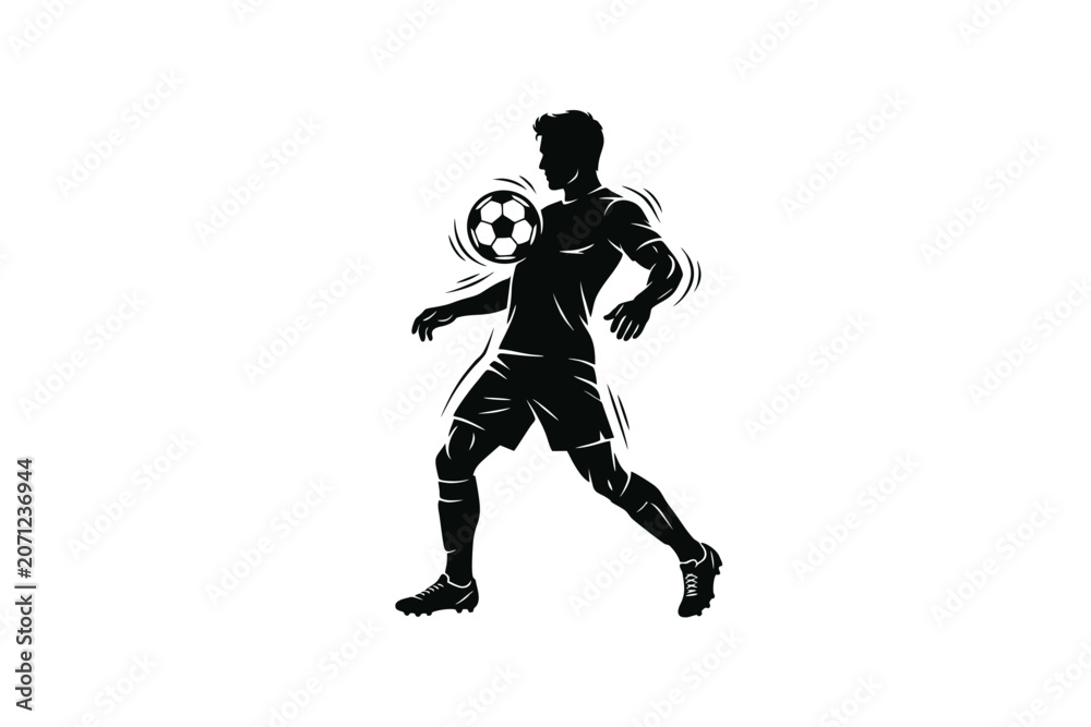 Obraz premium Elegant black silhouette of a male footballer controlling a soccer ball with his chest, realistic anatomy, isolated on pure white background