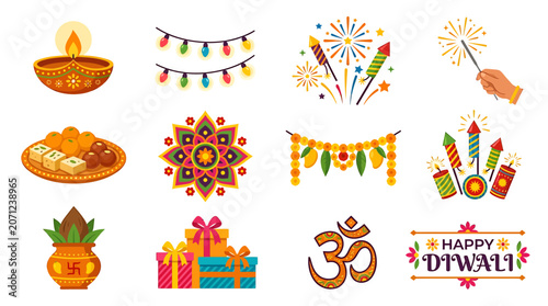 A festive Diwali celebration scene with traditional Indian decorations and food