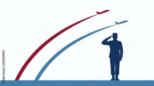 Photos Soldier Saluting Airplanes Flying in Formation, Patriotic Military Concept