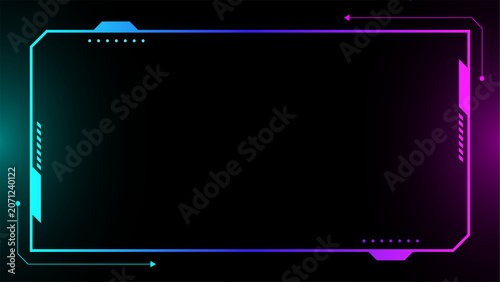 Foto Futuristic hud neon border frame with cyan magenta gradient on black background,