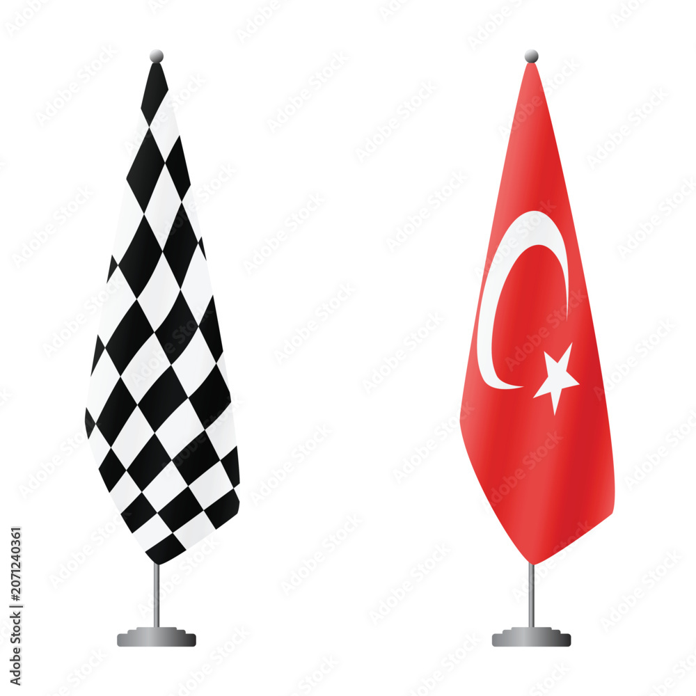 Naklejka premium Checkered and Turkey flags on flagpoles for official ceremonies and meetings, transparent background vector