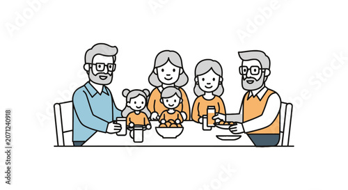 Family sitting at dinner table.