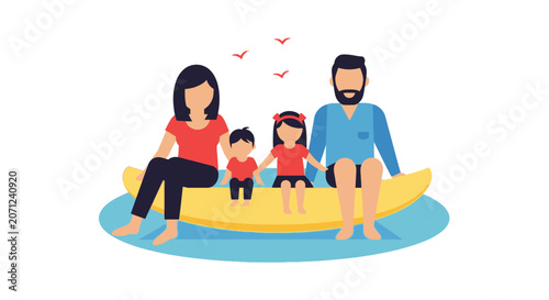 Family sitting on inflatable raft together.
