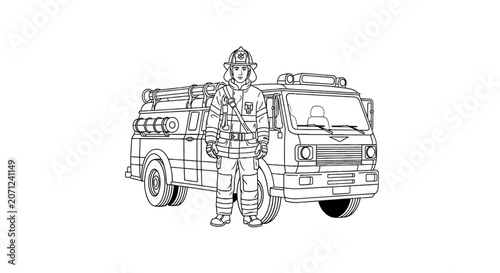 Firefighter standing beside fire truck vehicle.