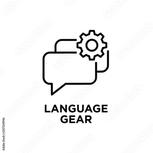Language gear icon a black linear pictogram on a white background representing communication and mechanics cogwheel mechanism settings options