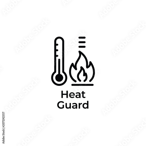 Thermometer and flame icon a black line drawing on a white background representing heat guard protection temperature fire hazard