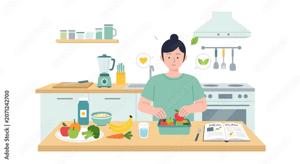 Fototapeta premium Woman Preparing Healthy Salad in Modern Kitchen - Vector Illustration